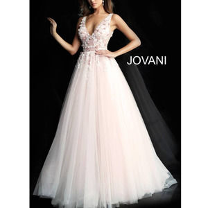 Jovani Pink Blush Floral Embellished V Neck Ballgown